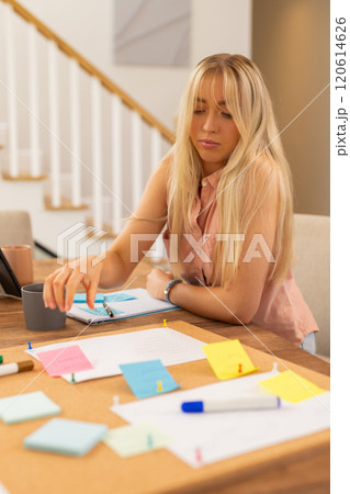 Organizing notes on corkboard, woman working at home with coffee mug Organizing notes on corkboard, woman working at home with coffee mug 120614626