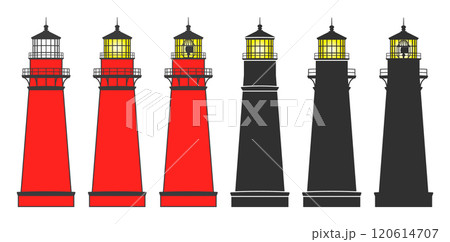Lighthouse icon symbol shape set. Light house logo sign collection. Navigation Shore light beacon. Vector silhouette illustration. Isolated on white background. 120614707
