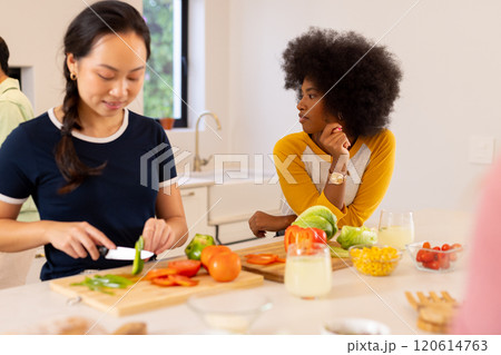 Preparing vegetables, diverse friends cooking together in modern kitchen Preparing vegetables, diverse friends cooking together in modern kitchen 120614763