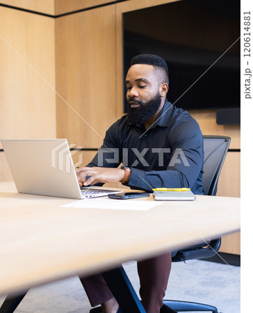 Working on laptop, man sitting at desk in modern office setting 120614881