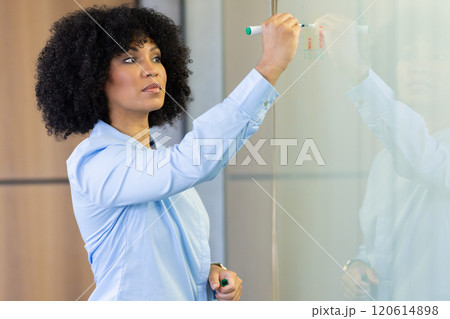 Writing on glass board, woman in business attire focusing on presentation 120614898