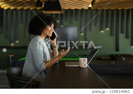 Talking on smartphone, woman working on laptop in modern office space Talking on smartphone, woman working on laptop in modern office space 120614962