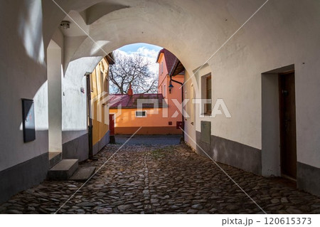 Beautiful arcade in the streets of the Old Town in Tabor, Bohemia, Czech Republic Beautiful arcade in the streets of the Old Town in Tabor, Bohemia, Czech Republic 120615373