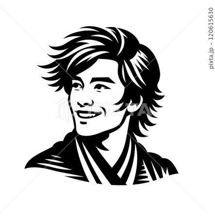 A handsome young man with windblown hair. A beautiful young male face with a beaming smile. Three-quarter view. Isolated on white vector illustration. AI-generated emblem. 120615630