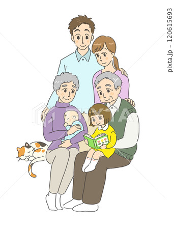 笑顔で仲良しなペットのいる三世代家族のイラスト 笑顔で仲良しなペットのいる三世代家族のイラスト 120615693