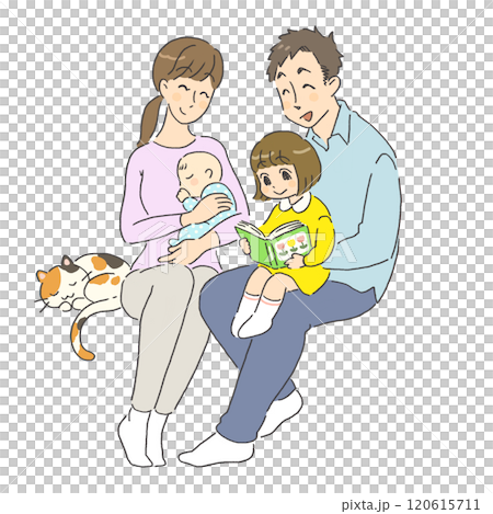 Illustration of a smiling family with friendly pets Illustration of a smiling family with friendly pets 120615711