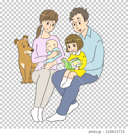 笑顔で仲良しなペットのいる家族のイラストのイラスト素材 [120615715