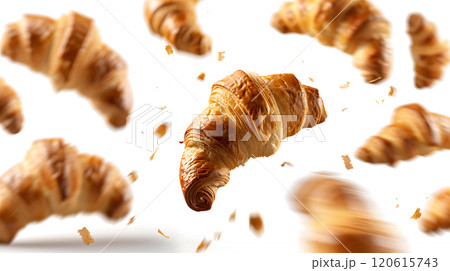 Freshly Baked Croissants Flying in White Background 120615743
