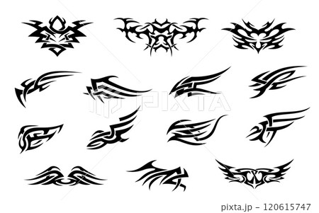 Y2k tribal neo gothic tattoo patterns set. Y2k neo gothic psychedelic tattoo vector symbol, 2000s heavy metal flame shape. Emo or goth subculture abstract pattern ornament, tribal graphic print 120615747