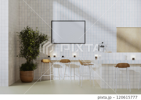 Blank horizontal frame mock up in modern coffee shop interior with white tiles, bar stools and counter with coffee brewing equipment, 3d render Blank horizontal frame mock up in modern coffee shop interior with white tiles, bar stools and counter with coffee brewing equipment, 3d render 120615777