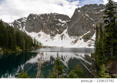 Snow-capped Mountains and Reflective Lake in a Stunning Alpine Landscape. 120615792