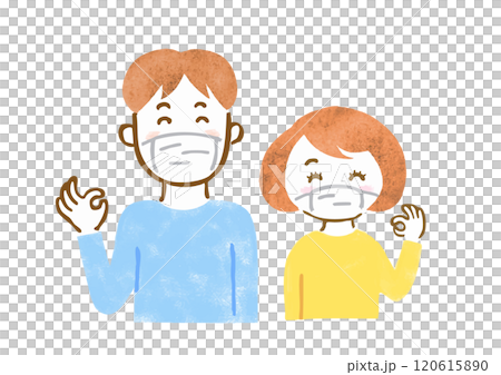 手繪上半身插圖，描繪了一個戴著面具並做出“OK”手勢的男人和女人 120615890