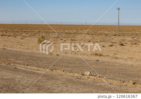 Vast arid landscape with sparse vegetation in Afghanistan under a clear sky 120616367