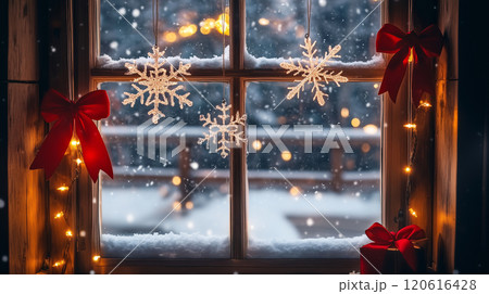 A cozy window decorated with hanging snowflake ornaments, twinkling lights, and red bows, evoking a classic Christmas atmosphere. Traditional Christmas Decorations theme. AI generated. 120616428