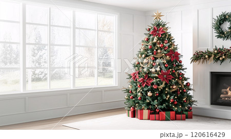 A beautifully decorated Christmas tree adorned with red and green ornaments, gold garland, and twinkling lights, evoking traditional holiday warmth and nostalgia. AI generated. 120616429