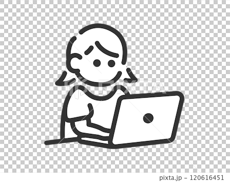ノートパソコンを使う女性のアイコン（線画）のイラスト 120616451