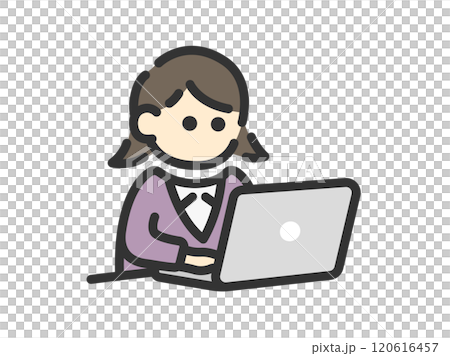 ノートパソコンを使う、ビジネスウーマンのアイコン（線画カラー）のイラスト 120616457