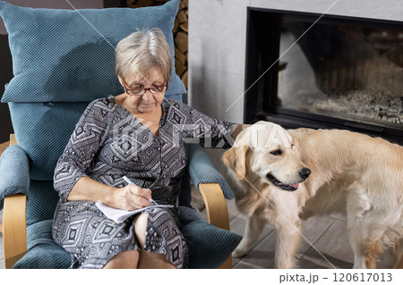 Elderly woman writing notes while sitting in an armchair, petting a Golden Retriever by her side, in a cozy home interior. Elderly woman writing notes while sitting in an armchair, petting a Golden Retriever by her side, in a cozy home interior. 120617013