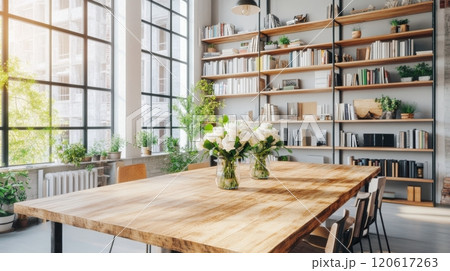 Warm industrial loft features a wooden table adorned with fresh flowers, inviting a cozy atmosphere for gatherings Warm industrial loft features a wooden table adorned with fresh flowers, inviting a cozy atmosphere for gatherings 120617263