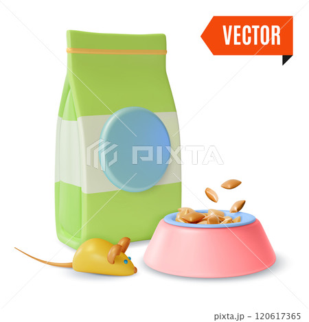 3d Pet Shop Concept Cats Food Product Paper Bag Package, Plate and Toy Cartoon Design Style. Vector illustration 3d Pet Shop Concept Cats Food Product Paper Bag Package, Plate and Toy Cartoon Design Style. Vector illustration 120617365