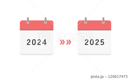 2024年と2025年のカレンダーと矢印 - 年末年始や新年、2年分の計画の変更･延期のイメージ素材 120617473