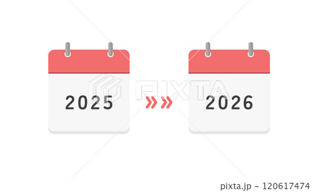 2025年と2026年のカレンダーと矢印 - 年末年始や新年、2年分の計画の変更･延期のイメージ素材 120617474