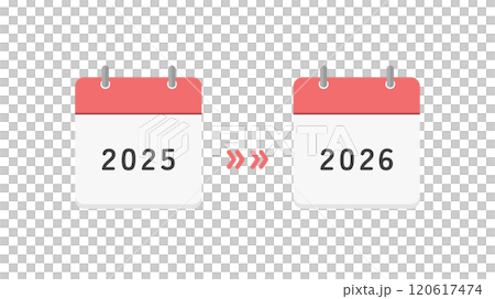 2025年と2026年のカレンダーと矢印 - 年末年始や新年、2年分の計画の変更･延期のイメージ素材 120617474