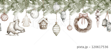 Christmas horizontal seamless border with hanging decorations. Hand drawn Xmas vintage banner. Old-fashioned socks, mitten, on an isolated background. Holiday winter collection for print, card. Christmas horizontal seamless border with hanging decorations. Hand drawn Xmas vintage banner. Old-fashioned socks, mitten, on an isolated background. Holiday winter collection for print, card. 120617536