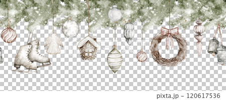 Christmas horizontal seamless border with hanging decorations. Hand drawn Xmas vintage banner. Old-fashioned socks, mitten, on an isolated background. Holiday winter collection for print, card. Christmas horizontal seamless border with hanging decorations. Hand drawn Xmas vintage banner. Old-fashioned socks, mitten, on an isolated background. Holiday winter collection for print, card. 120617536