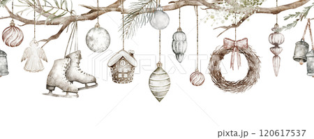 Christmas horizontal border with hanging decorations. Hand drawn Xmas vintage banner. Old-fashioned socks, mitten, skates, bells on an isolated background. Holiday winter collection for print, card. 120617537