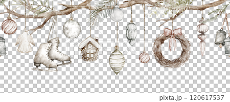 Christmas horizontal border with hanging decorations. Hand drawn Xmas vintage banner. Old-fashioned socks, mitten, skates, bells on an isolated background. Holiday winter collection for print, card. 120617537