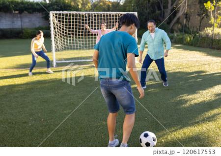 Playing soccer, family enjoying outdoor activity together on grassy field Playing soccer, family enjoying outdoor activity together on grassy field 120617553