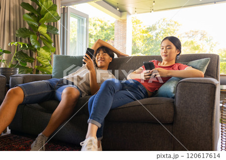 Relaxing on couch, two teenager brother and sister using smartphones in living room together 120617614