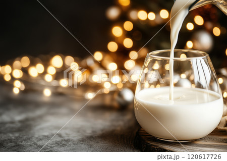 Fresh Milk Poured into a Glass on a Wooden Table Surrounded by Beautiful Warm Bokeh Lights for a Cozy Atmosphere 120617726
