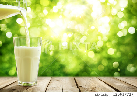 Fresh Milk Being Poured into a Glass on a Rustic Wooden Table with Blurred Green Background Bokeh Effect, Perfect for Healthy Lifestyle Themes 120617727