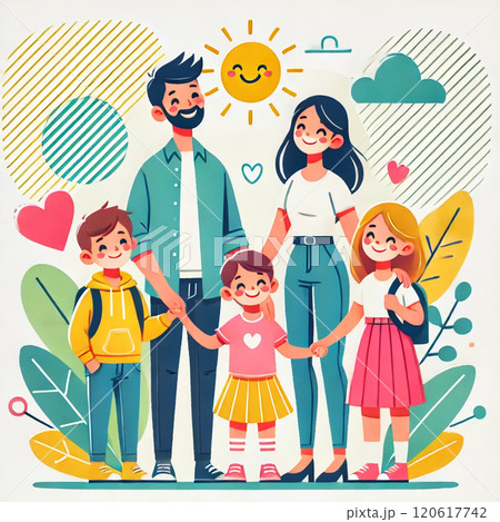 笑顔で手を繋ぐ明るく仲良し家族 120617742