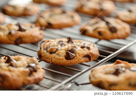 Freshly baked chocolate chip cookies on wire cooling rack Freshly baked chocolate chip cookies on wire cooling rack 120617890