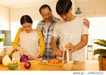 Preparing vegetables, multiracial family cooking together in kitchen, enjoying quality time Preparing vegetables, multiracial family cooking together in kitchen, enjoying quality time 120618112