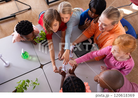 In school, female teacher and diverse students working together on science project with plants In school, female teacher and diverse students working together on science project with plants 120618369