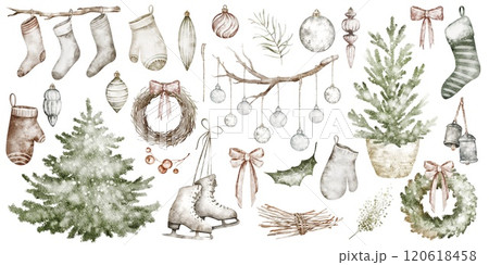 Watercolor Christmas vintage clip art. Hand drawn Xmas set decoration. Socks, skates, toy, mittens on an isolated background. Holiday winter collection for print, card. Watercolor Christmas vintage clip art. Hand drawn Xmas set decoration. Socks, skates, toy, mittens on an isolated background. Holiday winter collection for print, card. 120618458