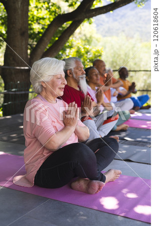 Focused diverse group of senior friends practising yoga in sunny garden, copy space 120618604