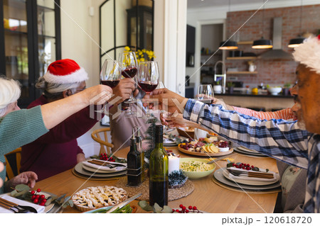 Happy diverse group of senior friends toasting at christmas dinner in sunny dining room at home 120618720