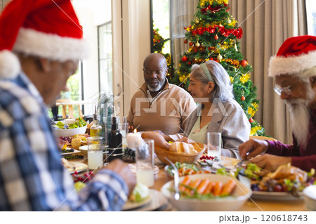 Happy diverse group of senior friends celebrating at christmas dinner in sunny dining room 120618743