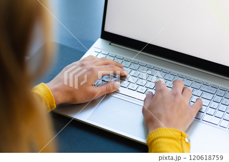 Caucasian woman working from home and using laptop with copy space in sunny room 120618759