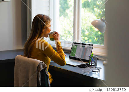 Caucasian woman sitting at desk, working from home with laptop and drinking coffee in sunny room 120618770
