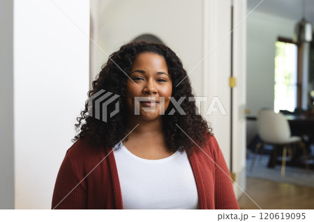 Portrait of happy african american woman with curly hair standing and smiling in sunny house Portrait of happy african american woman with curly hair standing and smiling in sunny house 120619095