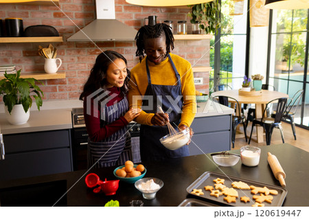 Happy diverse couple baking christmas cookies mixing dough in sunny kitchen, copy space 120619447