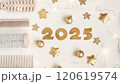 Soft pink background with hairdressing accessories and numbers 2025. Congratulatory horizontal template for hair salons and stylists 120619574