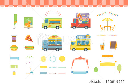 フードトラックで食べ物を販売しているイラスト。キッチンカーが集まったフェスティバル。 フードトラックで食べ物を販売しているイラスト。キッチンカーが集まったフェスティバル。 120619932