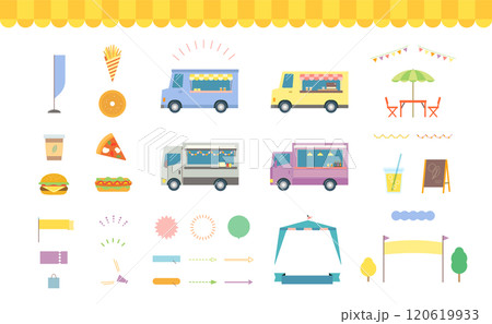 フードトラックで食べ物を販売しているイラスト。キッチンカーが集まったフェスティバル。 フードトラックで食べ物を販売しているイラスト。キッチンカーが集まったフェスティバル。 120619933